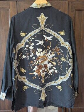 Black Long Sleeve Button Down Blouse Vintage 90's 100% Silk Large